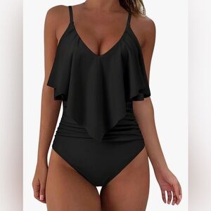 Elegant Black Slimming Women's One Piece Ruffle Swim Suit